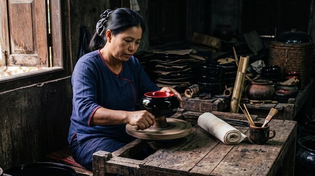 Myanmar artisan starts a spinning lacquerware finish