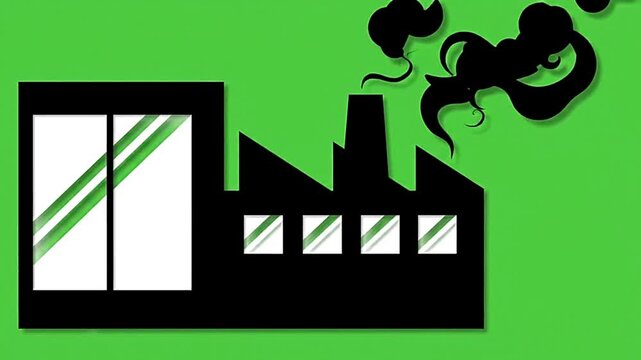 Industrial factory silhouette releasing dark toxic smoke into green atmosphere in animated video clip concept
