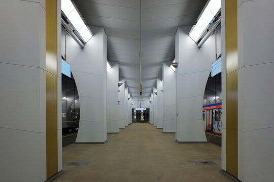 Modern interior architecture of Zvenigorodskaya metro station in Moscow, Russia