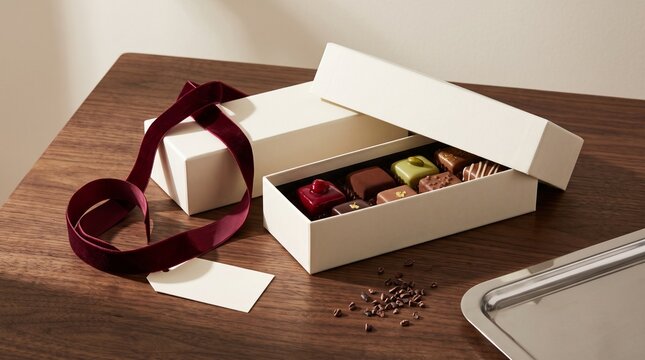 Velvet ribbon confectionery gift box with petits fours