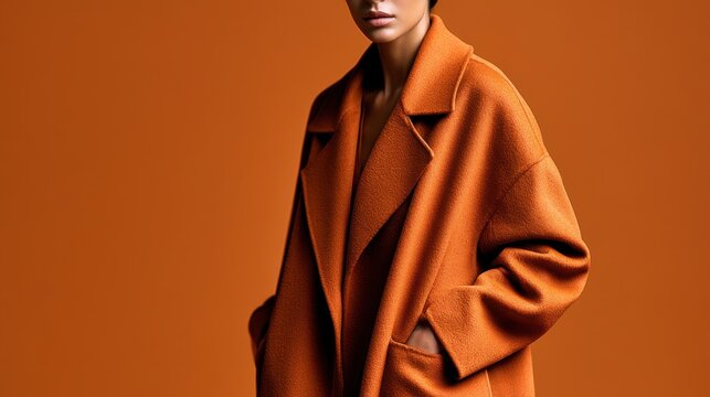 Woman wearing an oversized burnt orange coat with notched lapels and matching knitwear in a warm monochromatic fall fashion portrait