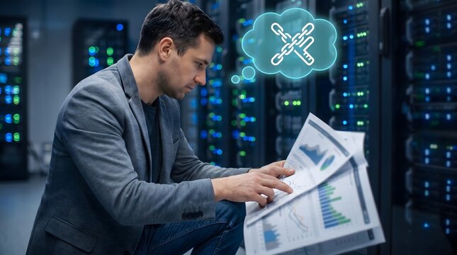 Focused IT specialist in a grey blazer analyzing printed data charts and business graphs inside a dark server room while imagining a solution to break a digital chain deadlock