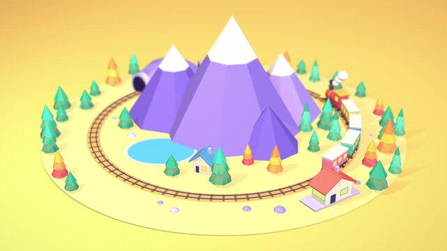Miniature Train Circling Snowy Mountains Loop