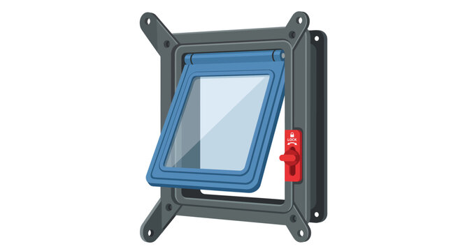 A modern pet door with a blue flap and a red locking mechanism with locking switch mounted three dimensional pet mounted gray frame blue swinging