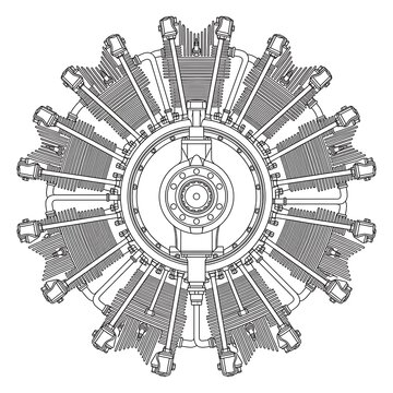 Complex Radial Engine Diagram Line Art | Aircraft Motor Outline Vector