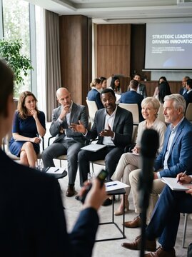 Executives discuss strategy in a corporate workshop. Diverse professionals exchange ideas in group discussion. Innovation, collaboration and leadership development. Executive training.