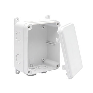 Gray electrical junction box mounted on wall isolated on transparent background
