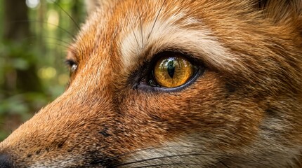 Fototapeta premium Red fox face in extreme close-up, with amber eye and russet fur. Detailed wildlife portrait. Forest mammal and native wildlife. Animal observation and natural history study.