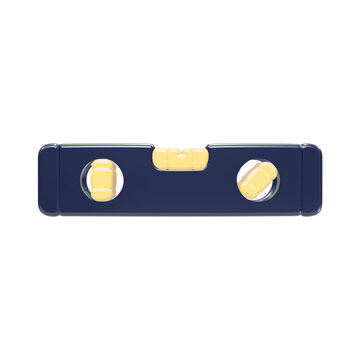 3d rendered of a spirit level tool with a dark blue body and light yellow vials, isolated on a white background, for construction work