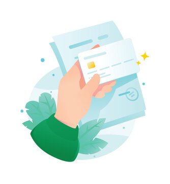 Hand holding credit card to pay bills and invoices vector illustration. Financial document verification, cashless banking, commercial transaction, and accounting concept.