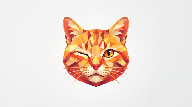 Polygonal Winking Cat Head Illustration &ndash; Modern Geometric Orange Cat Art