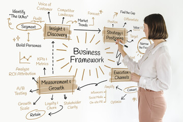 Obraz premium Woman illustrating a Business Framework with strategic planning elements.