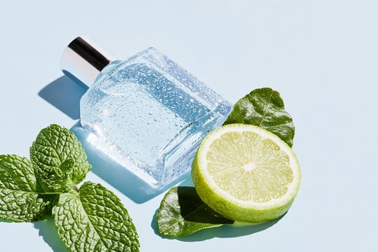 Clear unlabelled cologne bottle covered with water droplets beside fresh lime half and green mint leaves on a pale blue surface, refreshing fragrance still life