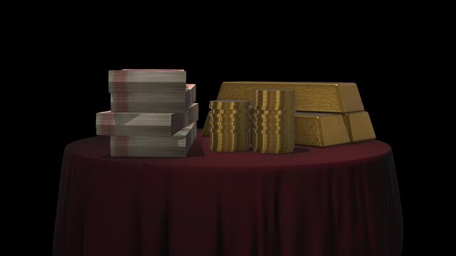Financial Assets: Stacks of Chinese Yuan Banknotes, Gold Bars, and Coins on a Table