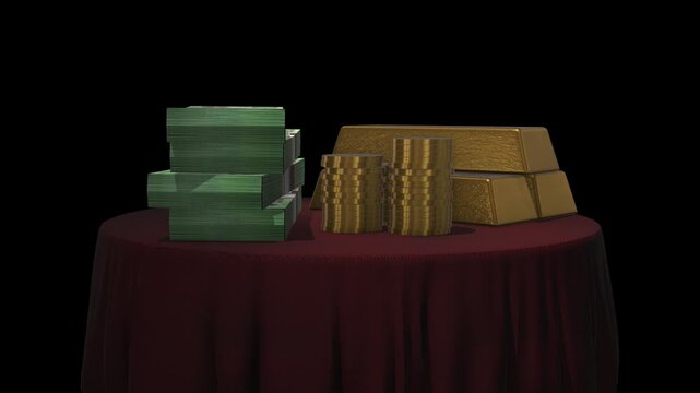 Australian Dollars, Gold Bars, and Coins on a Table Symbolizing Wealth and Investment