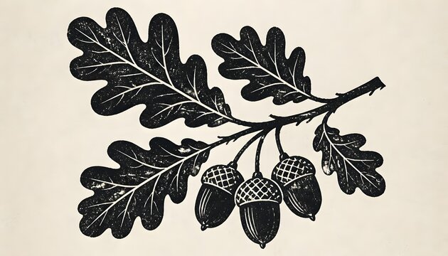 A striking minimalist graphic poster showing a dramatic, bold linocut block print illustration of an oak branch 