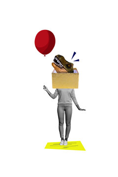 Vertical photo collage of anonym woman instead head dino mask peek box hold air balloon circus masquerade isolated on painted background