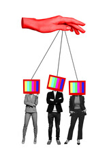 Obraz premium Trend artwork sketch image collage of workspace hand hold rope control team lady man cyberbullying propaganda tv monitor display head
