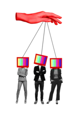 Trend artwork sketch image collage of workspace hand hold rope control team lady man cyberbullying propaganda tv monitor display head © deagreez
