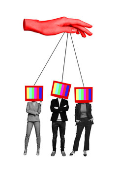 Trend artwork sketch image collage of workspace hand hold rope control team lady man cyberbullying propaganda tv monitor display head
