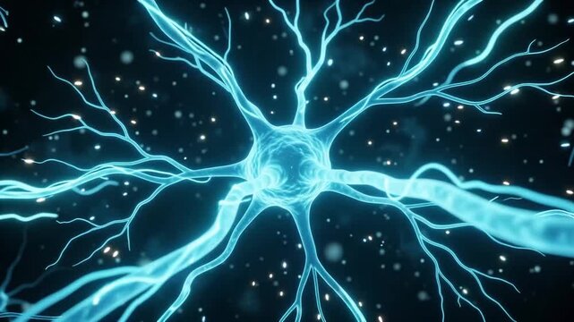 3D Animation of Glowing Neuron Cell Firing Electrical Impulses in the Human Brain, Concepts of Neural Network, Synapse Activity, and Nervous System Communication.
