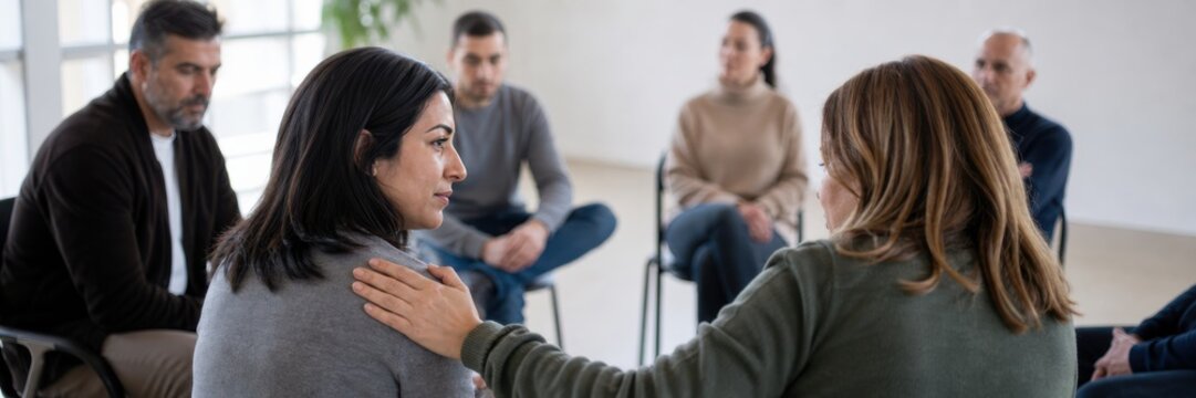 Support group therapy session with counselor comforting woman during rehabilitation meeting