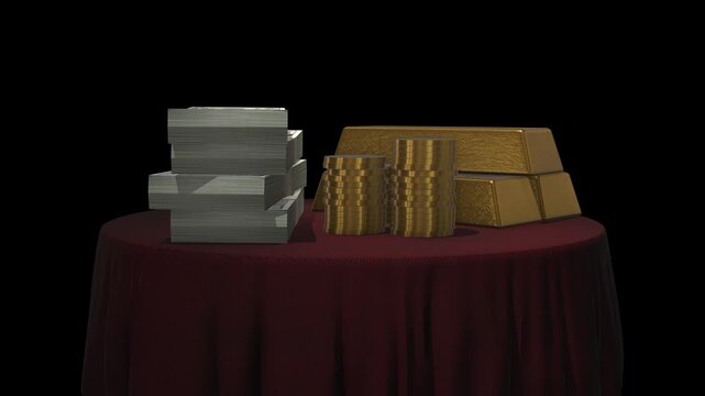 Wealth accumulation: US dollars, gold coins, and bullion bars on a red table.