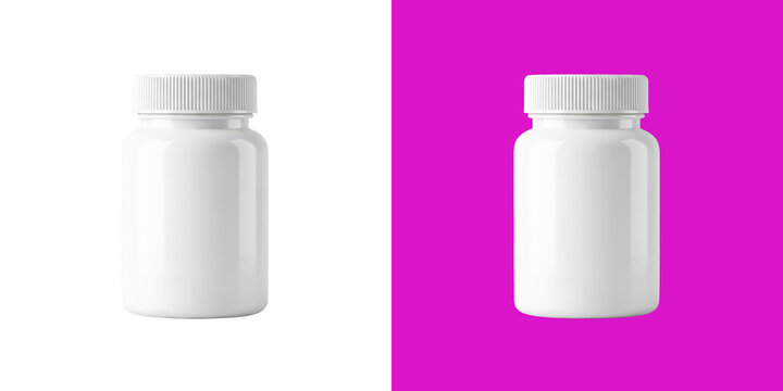 Two empty pill bottles with caps on pink background transparent png