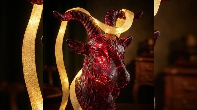 Ruby glass goat head with golden ribbons