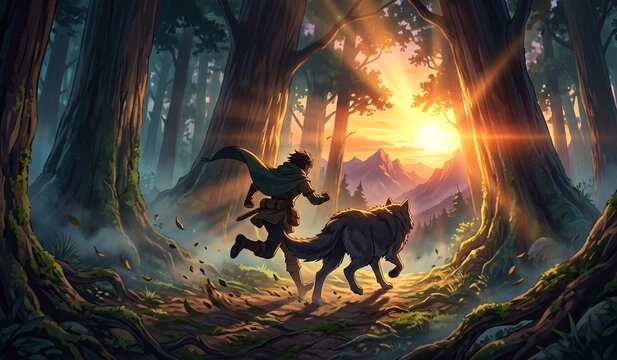 Fearless Explorer Running Beside a Mythic Wolf in a Glowing Woodland