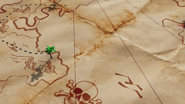 Animated Pirate Treasure Map with Path to Hidden Chest and X Mark
