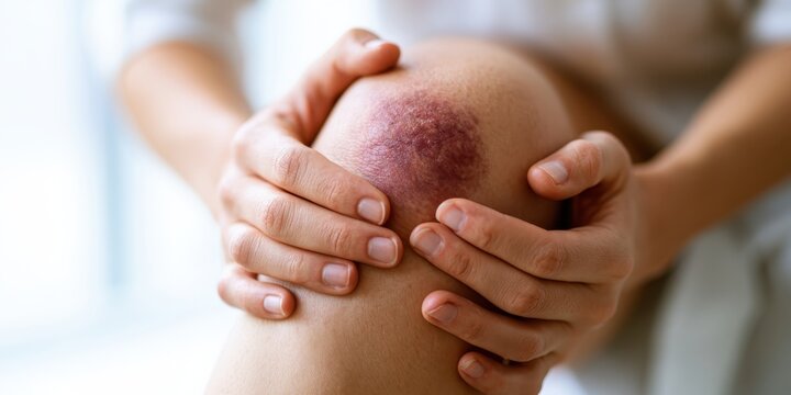 Person holding injured knee with large purple bruise and hematoma after painful accident. Close up view on leg contusion for sports medicine article, healthcare insurance or pain relief ointment ad.