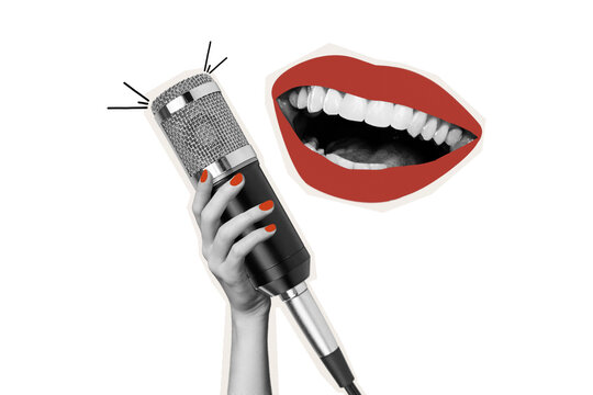 Template poster trend artwork 3D photo collage of&nbsp;makeup red lipstick mouth lips smile teeth hand manicure hold huge microphone sing song