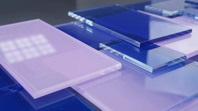 Abstract composition of overlapping rectangular glass plates with blue and light purple tints, creating a modern geometric pattern with reflections and transparency