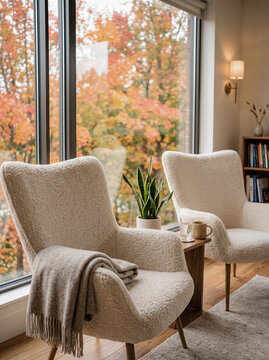 Cozy living room interior with armchairs and beautiful autumn forest view