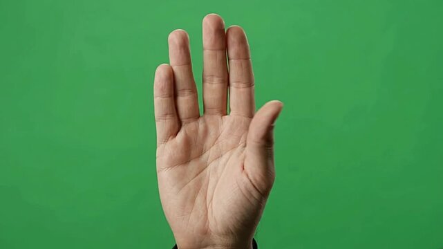 Vulcan greeting hand gesture moving fingers apart on solid green screen chroma key studio background footage