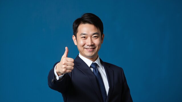 Professional Japanese Businessman Thumbs Up Against Blue Background
