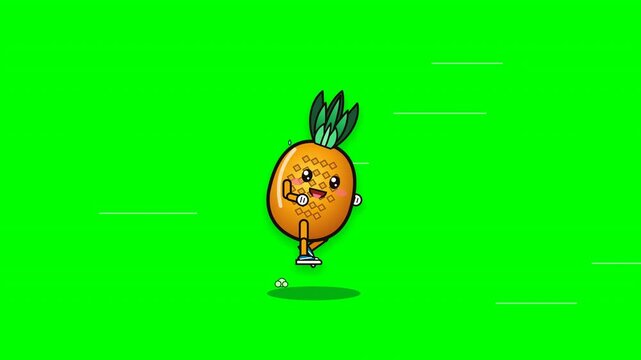 Cute Cartoon Pineapple Character Running Loop Animation on Green Screen.