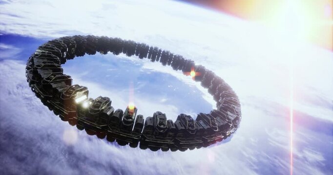 A colossal cylindrical structure orbits Earth, reflecting light from the sun. This futuristic design appears in the vastness of space, showcasing a blend of technology and imagination.