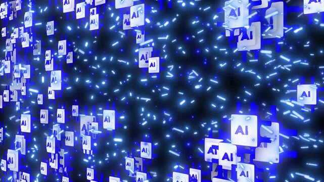 Artificial intelligence chips flying through a stream of dynamic glowing particles