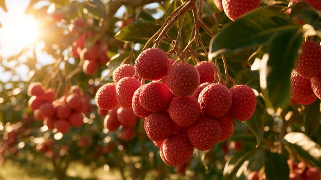 Fresh ripe lychee fruits hanging on a tree branch in a sunny orchard during the harvest season