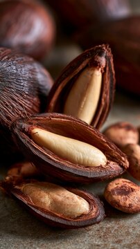 Close up of cracked pili nuts showing the creamy white kernel inside the dark fibrous shell