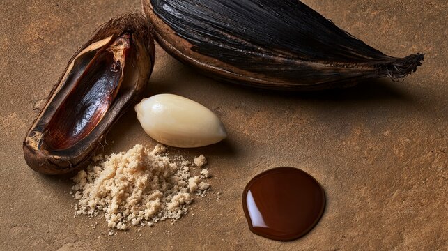 Close up of Attalea speciosa babassu palm nut with extracted oil and powder on stone surface