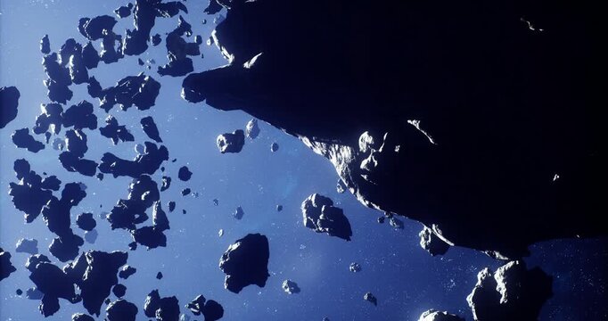Numerous asteroids float in the vast expanse of space, surrounded by deep darkness and distant celestial bodies. The scene captures the unique formation and motion of these rocky objects.