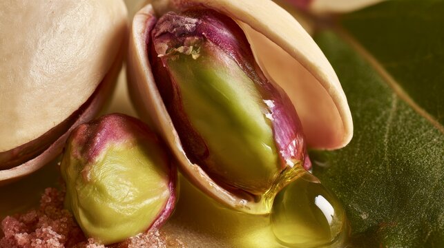 Macro close up of fresh green pistachio nuts with golden oil dripping from the cracked shell