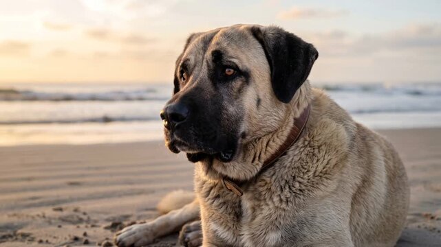 kangal shepherd dog close up at the beach at morning light in antalya turkey video
