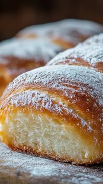 Video Freshly baked croissants on a rustic wood cutting board