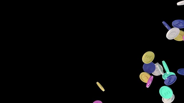 Colorful plastic euro coins floating and falling in slow motion