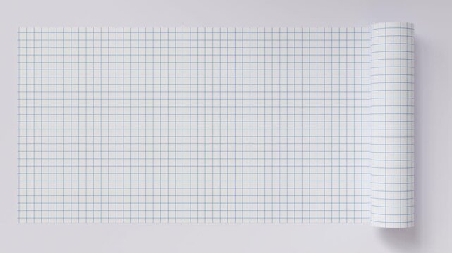 Animated horizontal graph paper scroll smoothly unrolling to reveal a blank white sheet with blue grid lines, ideal for engineering, mathematics, planning, blueprints, and technical concepts.