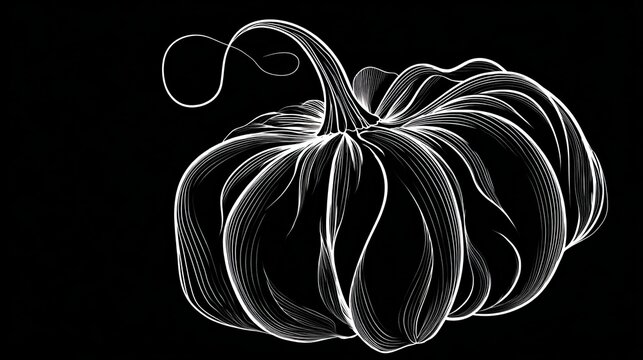 Detailed white line drawing showcases a singular pumpkin&rsquo;s form, resting against a dark background, perfect for autumn concepts